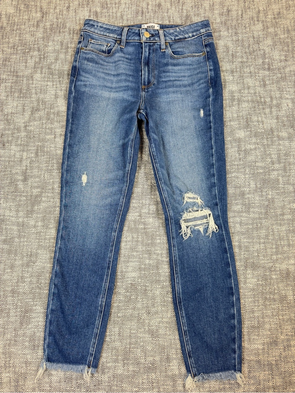 PAIGE Hoxton Ankle Jean 28 ripped torn raw hem medium blue high rise